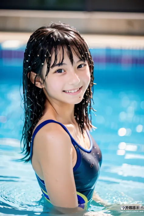 3girl in, Japanese, Junior high school girl, 14 years old, medium breasts, Breast Focus, Black hair, Middle hair,School swim wear,hight resolution, ighly detailed, (the whole body is wet:1.2),small breasts,smile,(best quality,4k,highres,masterpiece:1.2)