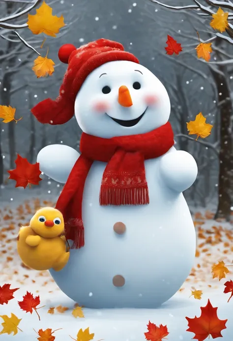 Make a snowman，Yellow leaves，White snow，Snowman red scarf，Carrot nose，chubbiness，A smile appeared on the corner of his mouth，anthropomorphic turtle