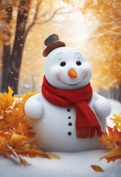 Make a snowman，Yellow leaves，White snow，Snowman red scarf，Carrot nose，chubbiness，A smile appeared on the corner of his mouth，anthropomorphic turtle