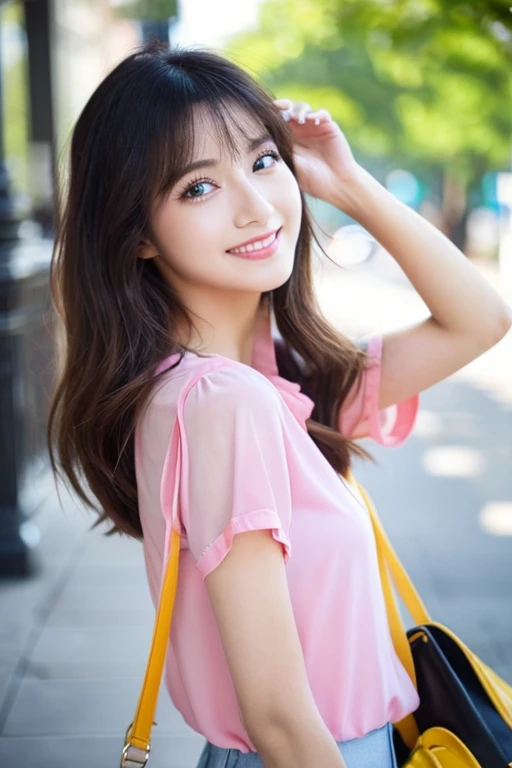 beautiful woman with good eyes and nose、Beautiful as a model、Cute like a model、Eyes are double、Usage of regular mascara、Eye color blue、Hair color pink、Her face is delicate and classy.、imagem 4k、Beautiful style like a model、Ordinary big、A refreshing and lov...