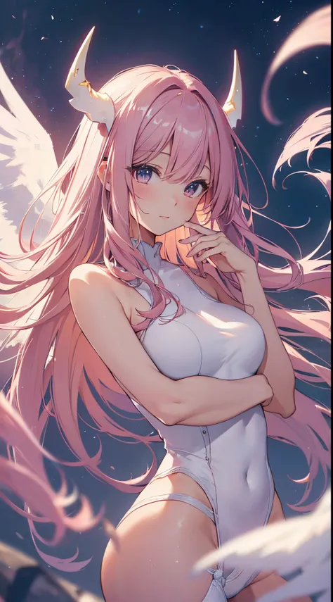 (best quality,4k,8k,highres,masterpiece:1.2),ultra-detailed,(realistic,photorealistic,photo-realistic:1.37),pink haired girl,angelic halo,+horn,luminous glow,surreal environment,vibrant colors,ethereal atmosphere,anime style,soft pastel tones,starry night ...