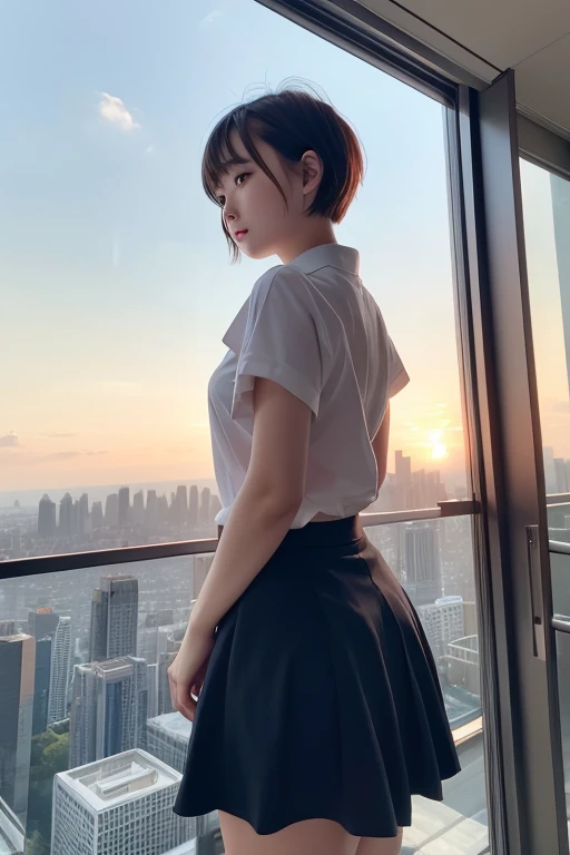 18year old、femele、skirt by the、Shorthair、looking outside from inside a skyscraper、posterior view、Sunset