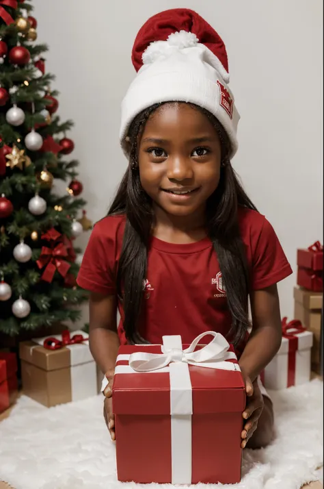 black child in a photo studio with a white background full of red and white gift boxes, barnet, menino pele preta, garoto,  cabe...