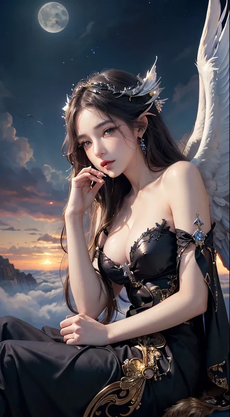 ((Need)), ((tmasterpiece)), (A detailed), Enchanting succubus, Ethereal beauty, Perched in clouds, (fantasy illustrations:1.3), Seductive gaze, captivating posture, delicate wings, otherworldly charm, Mysterious Sky, (Luis Royo:1.2), (Yoshitaka Amano:1.1),...