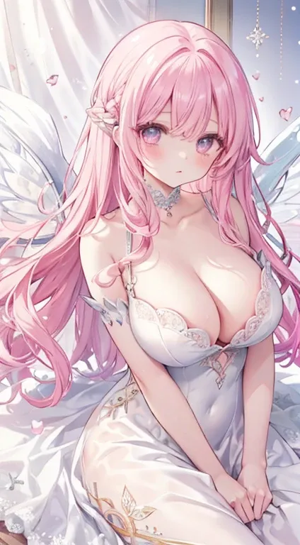 1 woman、爆乳、cleavage of the breast、Light pink hair、Diamond Eyes、Snow Fairy、snow white lace dress、sunlight shines down、Fairy wings studded with pink jewels、Shimmering dresses、top-quality、(The upper part of the body)