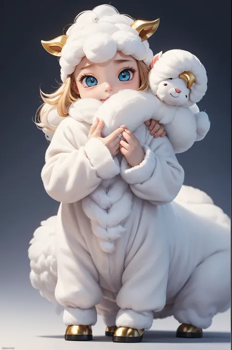 8K,1animal,Cute little surreal pure white sheep with golden eyes wearing a rough costume、pure white male sheep,Chibi、Adorable and fluffy、Stand on two legs,Logo Design、comic strip、cinematic lighting effect、A charming、3D Vector Art、Cute and quirky、Fantasyart...