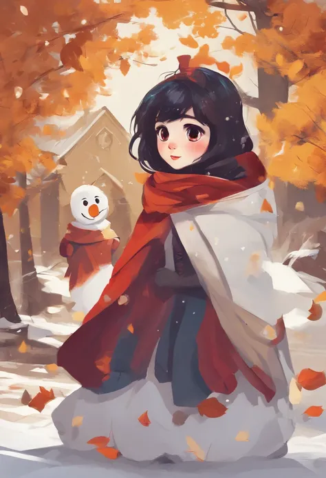 A girl turned into a snowman，Snow white all over，gradually freezing，Yellow leaves，Red scarf，A smile appeared on the corner of his mouth，There is also a cute little dog next to it