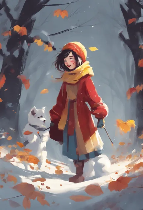 A girl turned into a snowman，Snow white all over，gradually freezing，Yellow leaves，Red scarf，A smile appeared on the corner of his mouth，There is also a cute little dog next to it