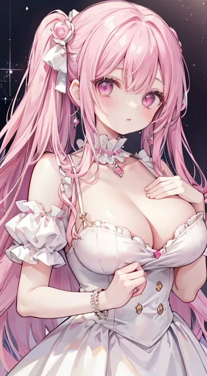 1 woman、爆乳、cleavage of the breast、pale pink hair、Eyes like pink jewels、Maids、Lots of frills and ribbons、diamond brooch、sparkling stars、A bracelet、Diamond Earrings、top-quality、(The upper part of the body)