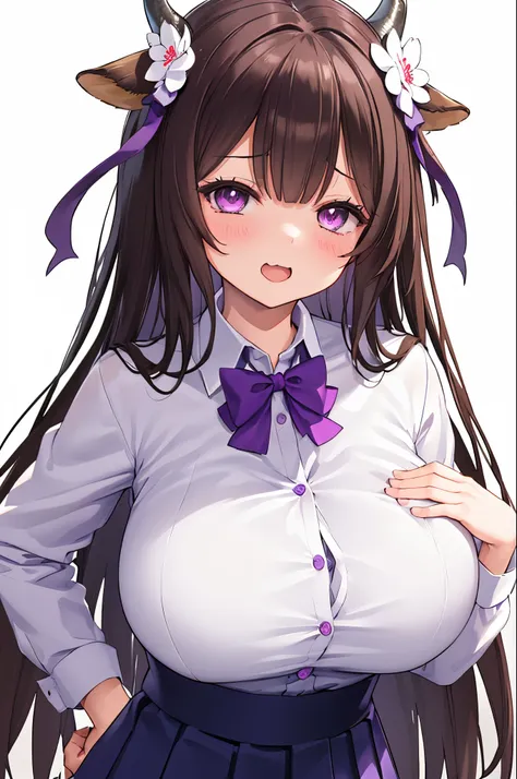 (masutepiece, Best Quality), Upper body, Looking at Viewer, 1girl in, Kashino, hair_flower_nffsw, Half-closed eyes, Purple eyes, smug, :3, Open mouth, Huge breasts, (gigantic huge tits), School uniform, A shirt whose buttons are about to fly off;Pop-out,Mi...