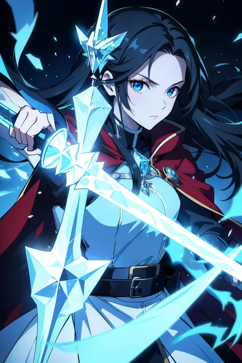 A woman, young, 19 years old, long black hair, skin white as snow, cold gaze, crystal blue eyes, black clothes, wearing a red cloak with a loose hood, holding a crystal sword, background with blue lights.