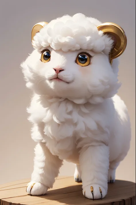 8K,1animal,single body,Cute little surreal pure white sheep with golden eyes wearing a rough costume、pure white male sheep,Chibi、Adorable and fluffy、Stand on two legs,Logo Design、comic strip、cinematic lighting effect、A charming、3D Vector Art、Cute and quirk...