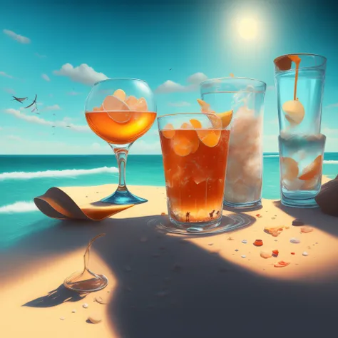 there are two glasses of alcohol on a table on the beach, photorealistic illustration, in style of cyril rolando, by Aleksander Kotsis, by Alexander Kucharsky, ultra realistic 3d illustration, commercial illustration, inspired by Mike Winkelmann, stylized ...