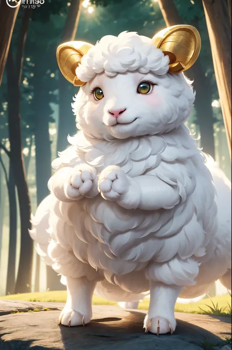 8K,1animal,single body,Rough costumes,Cute little surreal pure white sheep with golden eyes、pure white male sheep,Chibi、Adorable and fluffy、Stand on two legs,Logo Design、comic strip、cinematic lighting effect、A charming、3D Vector Art、Cute and quirky、Fantasy...