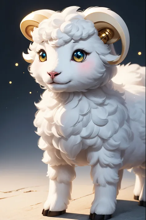 8K,1animal,single body,Adorably standing on two legs,Cute little surreal pure white sheep with golden eyes、pure white male sheep,Chibi、Adorable and fluffy,Logo Design、comic strip、cinematic lighting effect、A charming、3D Vector Art、Cute and quirky、Fantasyart...