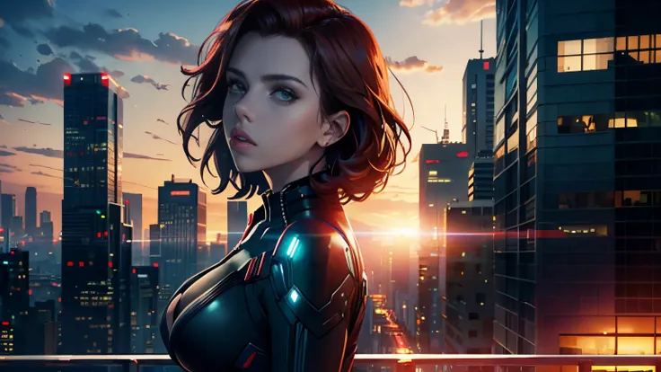 Outdoor, city skyline, sunset, Cyberpunk Scarlett Johansson Black Widow. Perfect pale green eyes, looking at viewer. Best quality, sunlight, backlit, flare.