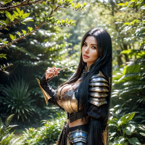 (best quality,4k,8k,highres,masterpiece:1.2), ultra-detailed, (realistic,photorealistic,photo-realistic:1.37), beautiful sorceress with long black hair, mature appearance, adventurous, wearing armor, in a forest, skilled swordsman, well-toned abs