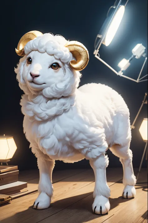 8K,1animal,single body,Adorably standing on two legs,Cute little surreal pure white sheep with golden eyes、An anthropomorphic pure white male sheep,Chibi、Adorable and fluffy,Logo Design、comic strip、cinematic lighting effect、A charming、3D Vector Art、Cute an...