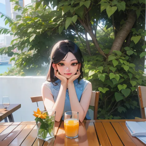 there is a woman sitting at a table with a glass of orange juice, 2 8 years old, 2 9 years old, 2 7 years old, 3 2 years old, mai anh tran, at the waterside, 3 6 years old, dang my linh, 38 years old, 3 0 years old woman, 30 years old woman, avatar image