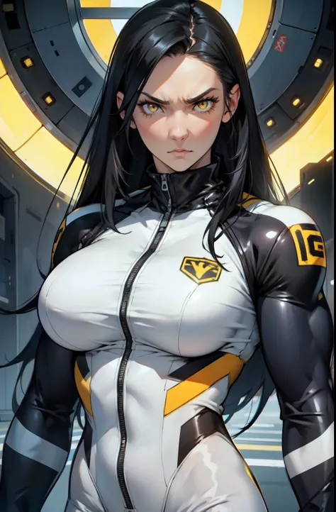 (((1 girl))) angry very long hair pale skin black hair yellow eyes (((muscular))) (huge breasts) bodybuilder pilot suit bodysuit