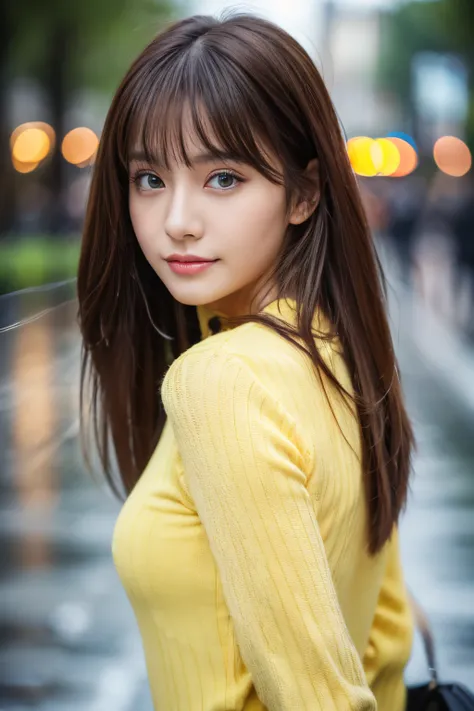 ((best quality,8k,masterpiece:1.3)), sharp focus:1.2, perfect body of a beautiful woman:1.4, slim abs:1.2, (long hair,straight hair:1.2), (pale yellow long-sleeve knit top), (rain, street:1.2), wet body:1.5, three-dimensional texture, detailed eyes, brown ...