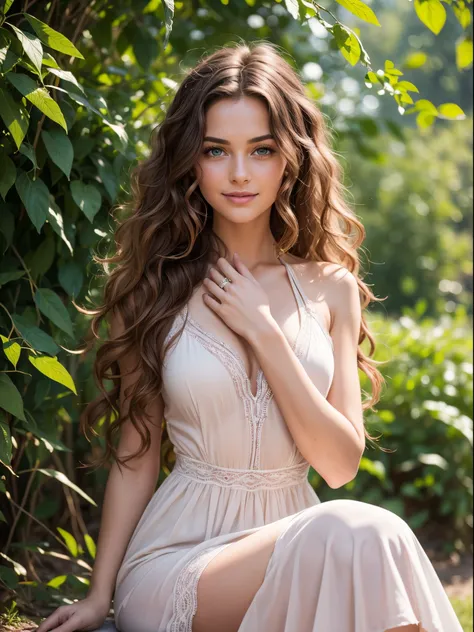 masterpiece, best quality, realistic and perfect image, cinema photography of a beautiful woman with brown, curly and long hair. green eyes, white skin, smiling, delicate appearance, thin and wearing a simple pink dress. full body