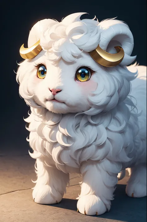 8K,1 Cute little surreal pure white sheep with golden eyes wearing a rough costume、pure white male sheep、Chibi、adorable and fluffy、Stand on two legs、Logo Design、comic strip、cinematic lighting effect、enticing、3D vector art、cute and quirky、Fantasyart、bokeh d...