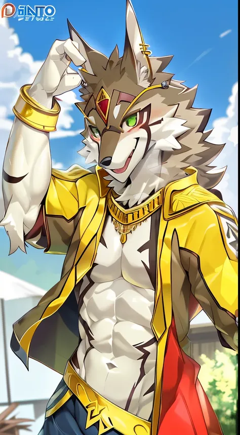 Seto (Tokyo After-School Summoners), Seto(Wandering Longing), Seth (it), Seto, Kazuma Koda, coyote, gold necklace, Gold jewelry, Ear piercing, Green Eye, Grey Body, white body, Brown Body, stripes, Striped body, Muscular men, NSFW Works, pixiv[R-18], Muscu...