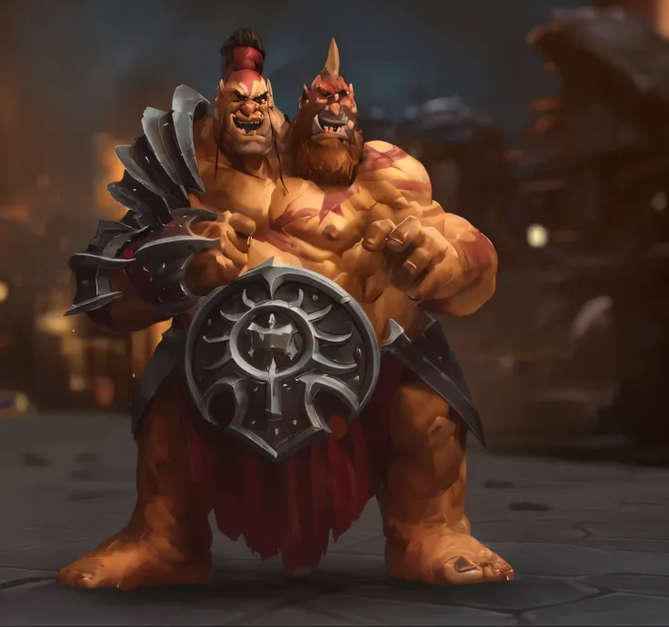 a man in a red outfit holding a large sword and a shield, zgok. 8 k hd resolution, berserker potrait, grog strongjaw, portrait berserker barbarian, heroes of the storm, warcraft character, muscled humanoid balrog demon, khorne, demon berserker, pudge from ...