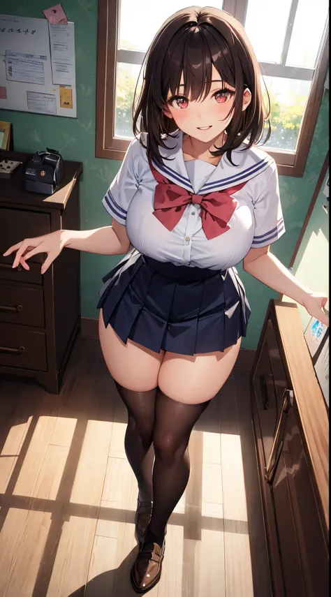 1girl in, Parted lips, blush, makeup, lightsmile, School uniform, Full body, Wide Angle, From  above, crass room, llight rays, Glow, thighs thighs thighs thighs, 鎖骨, Narrow waist, (masutepiece), Wallpaper,Emphasize、Dark hair color