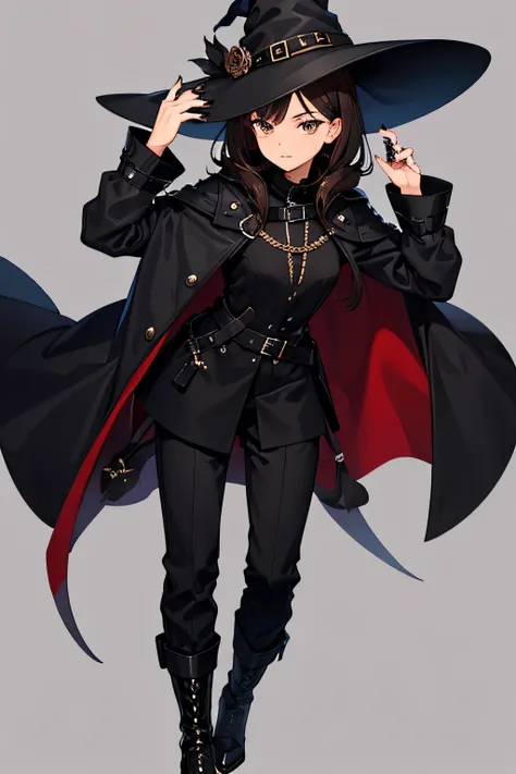 short black to brown hair, black eyes, witch, black magic, long black coat, long black boots, long black pants, black witch hat, long nails, no gender, tall