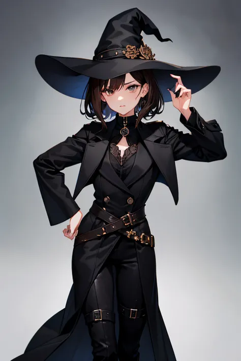 short black to brown hair, black eyes, witch, black magic, long black coat, long black boots, long black pants, black witch hat, long nails, no gender, tall