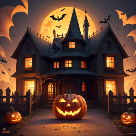 halloween，Pumpkin Carving and Haunted House for Fun and Spooky Spirits, Pure background, Printable, Cartoonish