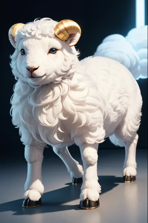 8K,1 body,Cute little surreal pure white sheep boy with golden eyes standing on two legs、pure white male sheep、Chibi、adorable and fluffy、Stand on two legs、Logo Design、comic strip、cinematic lighting effect、enticing、3D vector art、cute and quirky、Fantasyart、b...