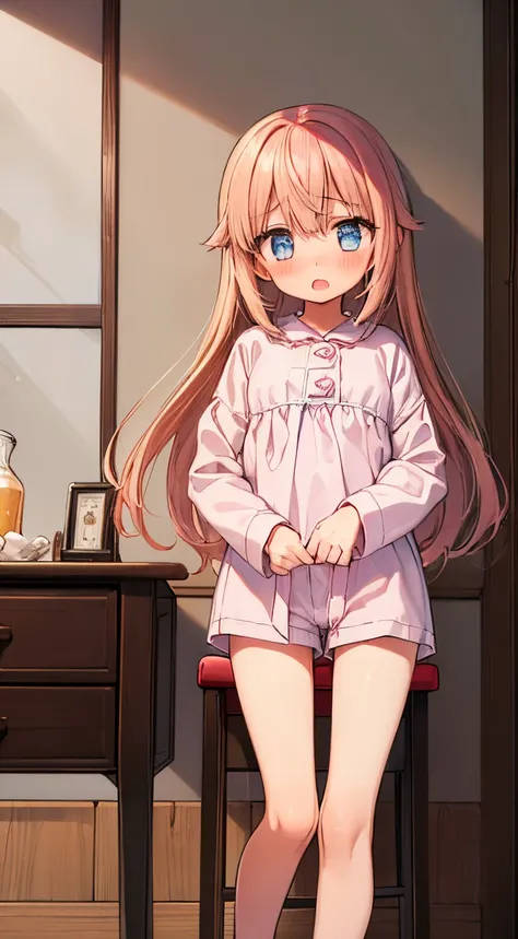 Beautiful illustration, Best Quality,(12-year-old girl:1.5)、(cute petit girl：1.6)、Lori、flat chest、(s Pajamas、shortpants、Panty Shorts：1.6)、Gap between thigh and shorts、Clean thighs、Beautiful blue eyes, Cinematic lighting, long、((straight haired))、(orgasm、re...