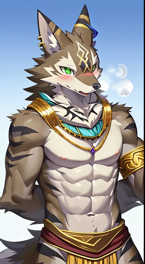 Seto (Tokyo After-School Summoners), Seto(Wandering Longing), Seth (it), Seto, Kazuma Koda, coyote, gold necklace, Gold jewelry, Ear piercing, Green Eye, Grey Body, white body, Brown Body, stripes, Striped body, Muscular men, NSFW Works, pixiv[R-18], Muscu...