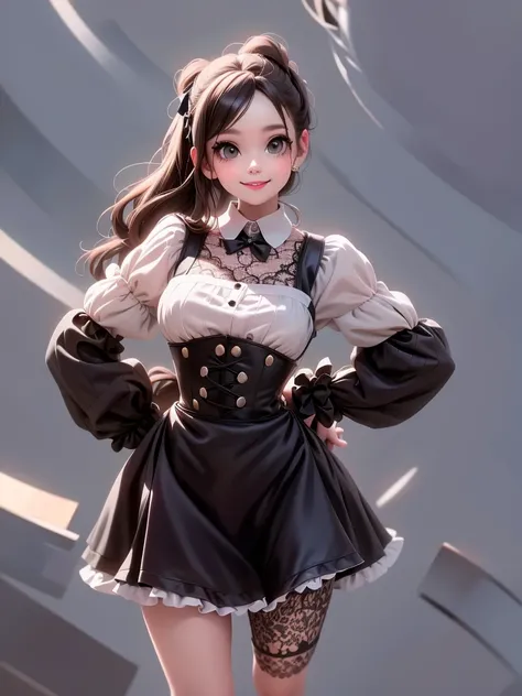 a cute girl smiling, wearing a gothic skirt, crop lace cloth shirt, puffy sleeves, hair bow, smokey eyes makeup, collar, choke, pumps,