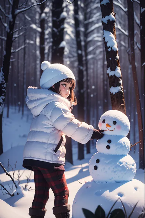 A 5-year-old girl happily builds a snowman，snowflower，at winter season，Thick snow，footprints，Colorful，（（Best quality））， （（tmasterpiece））， Enhanced dynamic viewing angle，，Blooming flowers，cabin in the woods，glowing effect，ultra - detailed，Works of masters，h...