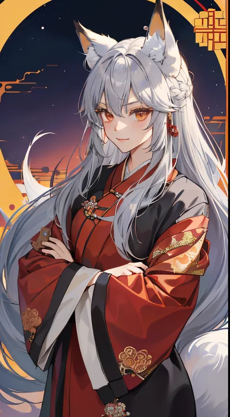 (Best Quality、8K,absurderes,highest grade,Portrait,long hair with gray hair、Piercing、Kyuubi has fox ears and a tail........、Ancient Chinese robes have delicate decorations, beautiful and cool women、Arms crossed、Dark fantasy world.....、dark autumn night bac...