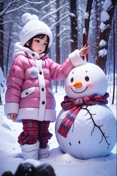 5-year-old girl happily builds snowman，snowflower，at winter season，Thick snow，footprints，Colorful，Dreamy，in pink，（（Best quality at best））， （（tmasterpiece））， Enhanced dynamic viewing angle，，flowers in full bloom，Cottage in the woods，glowing effect，ultra - d...