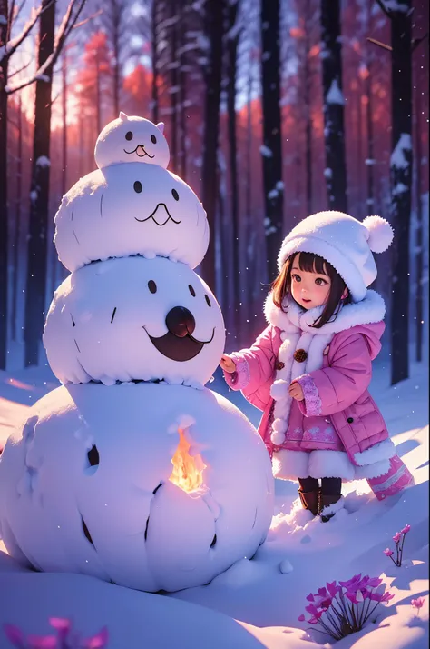 5-year-old girl happily builds snowman，snowflower，at winter season，Thick snow，footprints，Colorful，Dreamy，in pink，（（Best quality at best））， （（tmasterpiece））， Enhanced dynamic viewing angle，，flowers in full bloom，Cottage in the woods，glowing effect，ultra - d...