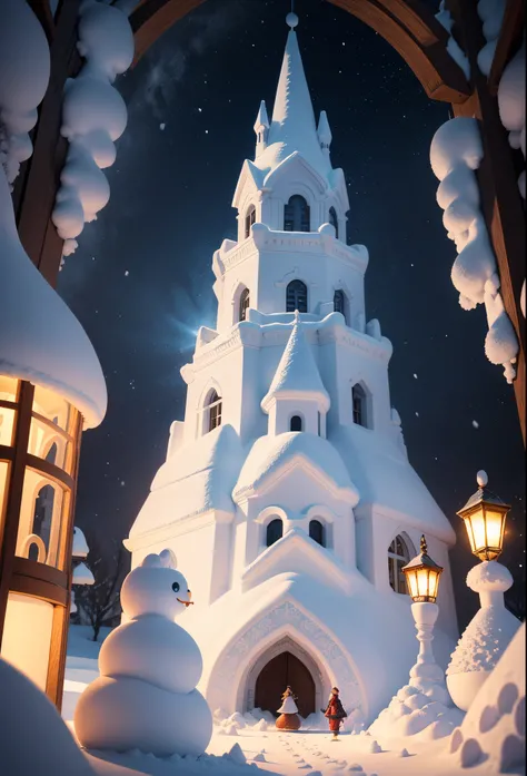 snow sculpture art，Snow town，snow sculpture castle，Make a snowman，Make sculptures from snow，Children playing happily in the snow，sergey zabelin, beautiful render of a fairytale, author：Alexei Venezyanov, romantic storybook fantasy, Cute 3d rendering, andre...