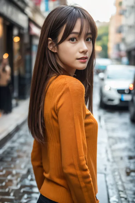 ((Best Quality,8K,masutepiece:1.3)), Sharp Focus:1.2, Beautiful woman perfect body:1.4, Slim abs:1.2, (Long hair,Straight hair:1.2), (dark orange long sleeve knit top), (Rain, Street:1.2), Wet body:1.5, Three-dimensional texture, Detailed eyes, Brown hair,...