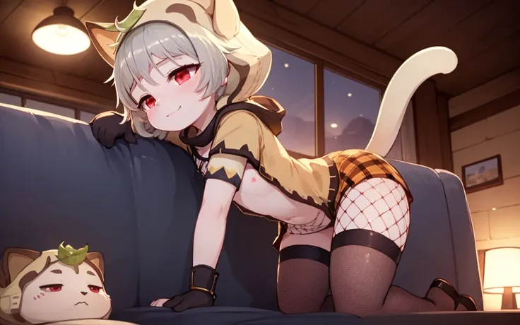 (NSFW:0.9),(bit girl:1.4), Alone, sitted, dynamic angle, Long gray hair,flatchest,Long gray hair,natta,starrysky,Dark,sleepy,want to sleep，animal ears Hood，Cute light blue loli anthropomorphic cat，in a skirt，Wearing black lace fishnet stockings，Kneel on th...