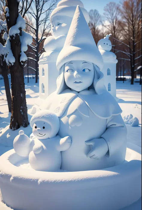 snow sculpture art，snow sculpture castle，Build a snowman，Make sculptures from snow，Children playing happily in the snow