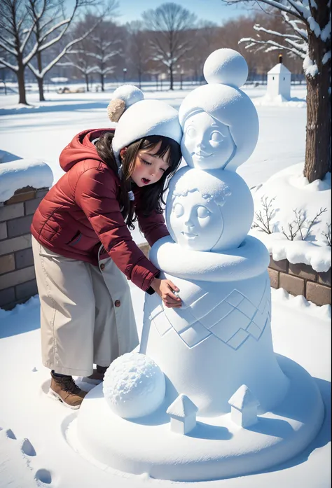 snow sculpture art，snow sculpture castle，Build a snowman，Make sculptures from snow，Children playing happily in the snow