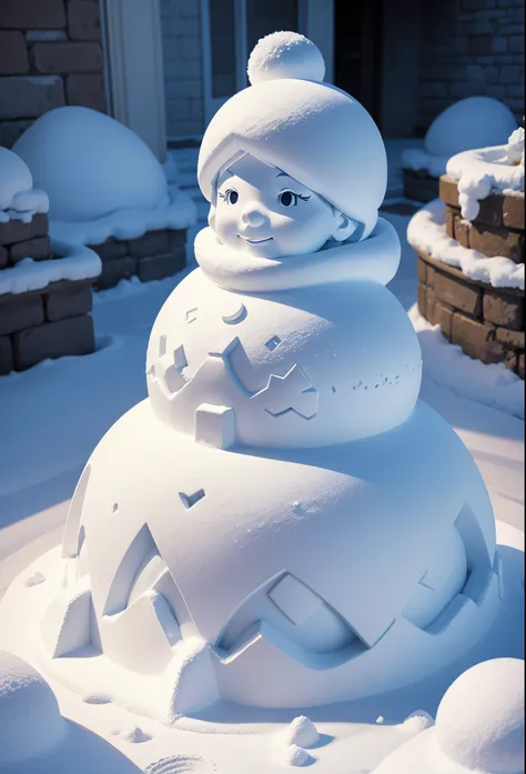 snow sculpture art，snow sculpture castle，Build a snowman，Make sculptures from snow，Children playing happily in the snow