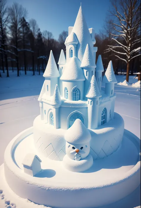 snow sculpture art，snow sculpture castle，Build a snowman，Make sculptures from snow，Children playing happily in the snow