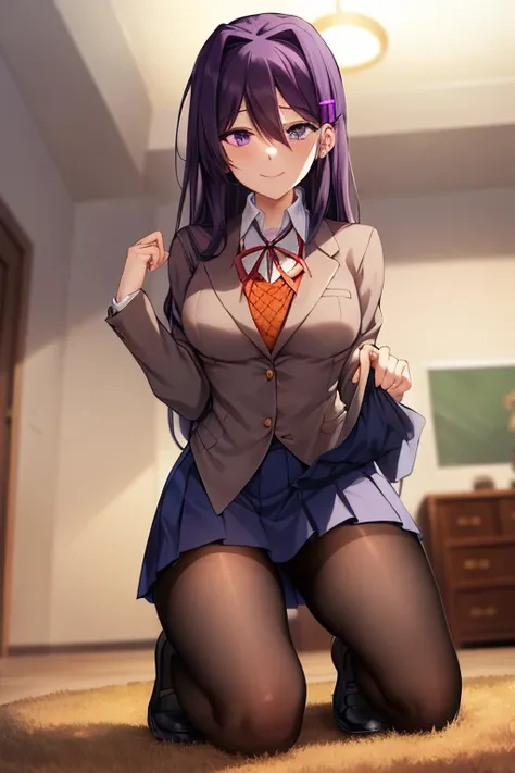 2d, masterpiece, ((kneeling)) looking back, white panties, best quality, full body, full pose, anime, highly detailed, cowboy shot, 1girl, solo, yuri, purple hair, purple eyes, long hair, hair between eyes, hairclip, school uniform, blazer, brown sweater, ...