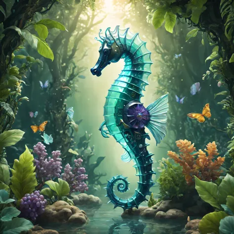 futuristic ethereal seahorse，sci-fi butterflies，future seahorse，sea horse，futuristic jungle background，tmasterpiece，（very detail...